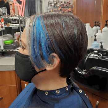 A customer with a black and blue streaked haircut